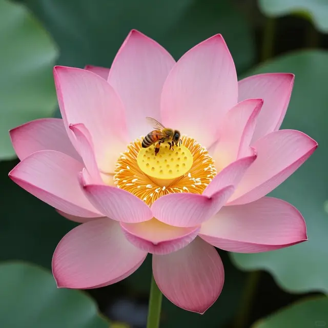 A fully open pink lotus flower has a honey bee resting on its yellow center surrounded by green lily pads