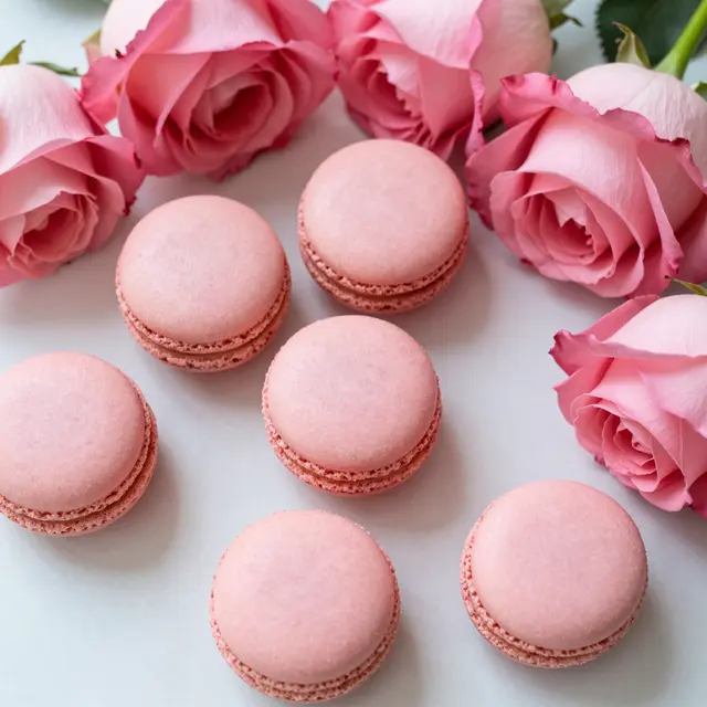 Top view flat lay of soft pink macarons framed by pink rose blooms on a pale neutral surface.