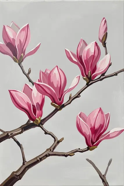 Acrylic painting of pink magnolia blooms on a bare branch against a soft pale gray background