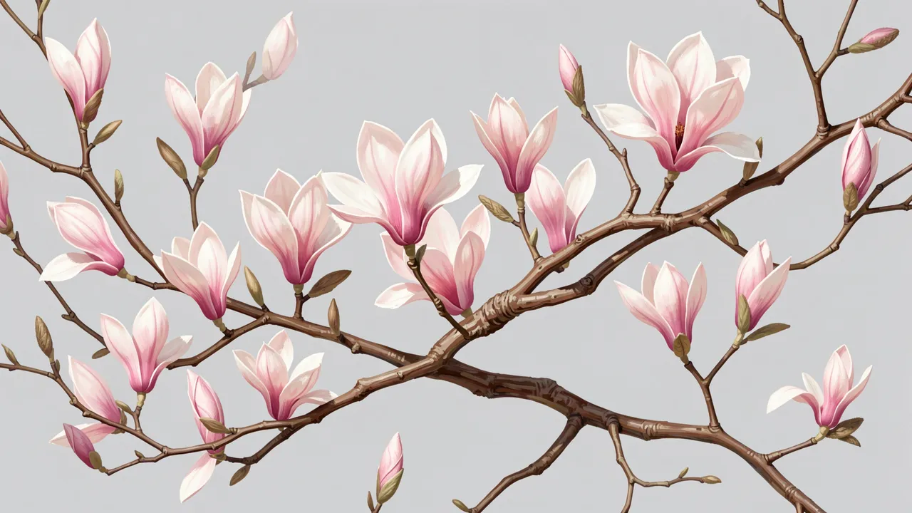 Pink-tinged white magnolia flowers and buds on bare brown branches against a pale gray background