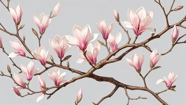Pink-tinged white magnolia flowers and buds on bare brown branches against a pale gray background