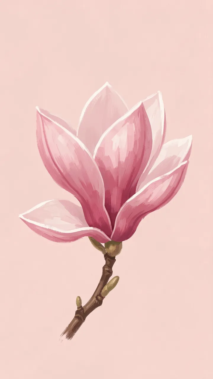 A soft painterly opening pink magnolia flower on a matching blush pink solid background