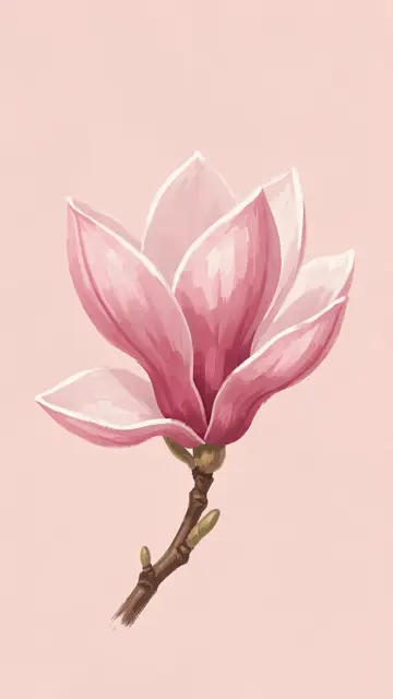 A soft painterly opening pink magnolia flower on a matching blush pink solid background