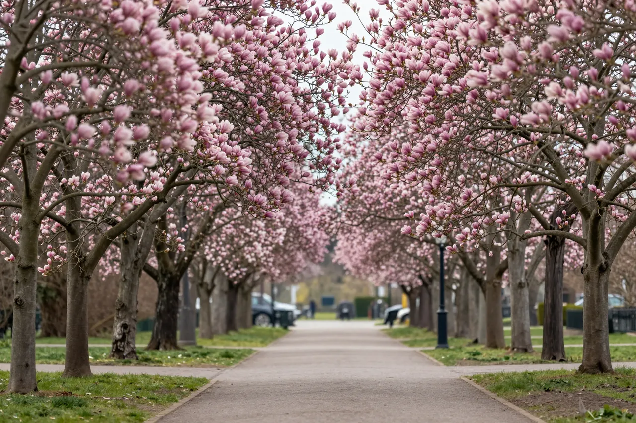 Arching pink flowering magnolia trees line a paved park walkway on a calm spring morning