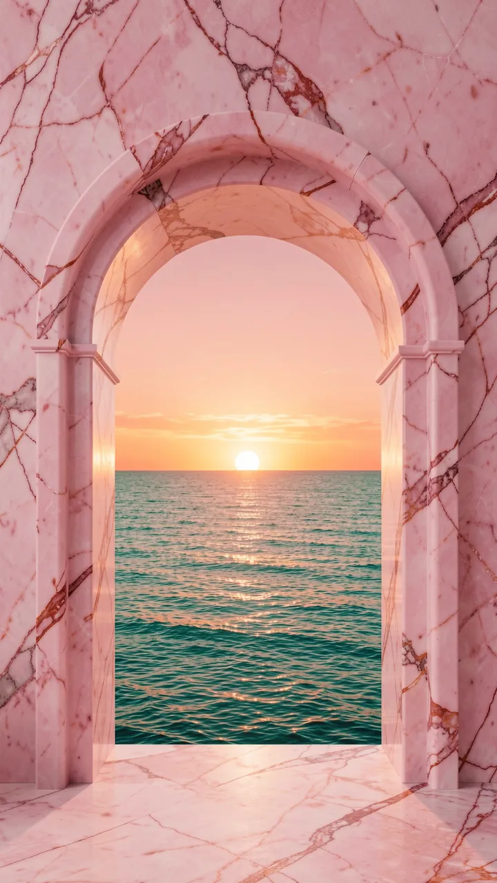 A pink veined marble arch frames a teal ocean and glowing setting sun above the water.