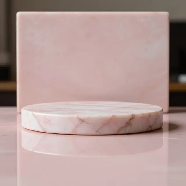 Round rosy pink marble product podium with a matching rectangular back panel sits on a glossy reflective blush surface