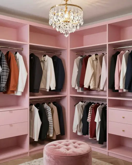 A walk-in closet with pink lacquered shelving, hanging clothing, a tufted ottoman and a crystal chandelier.