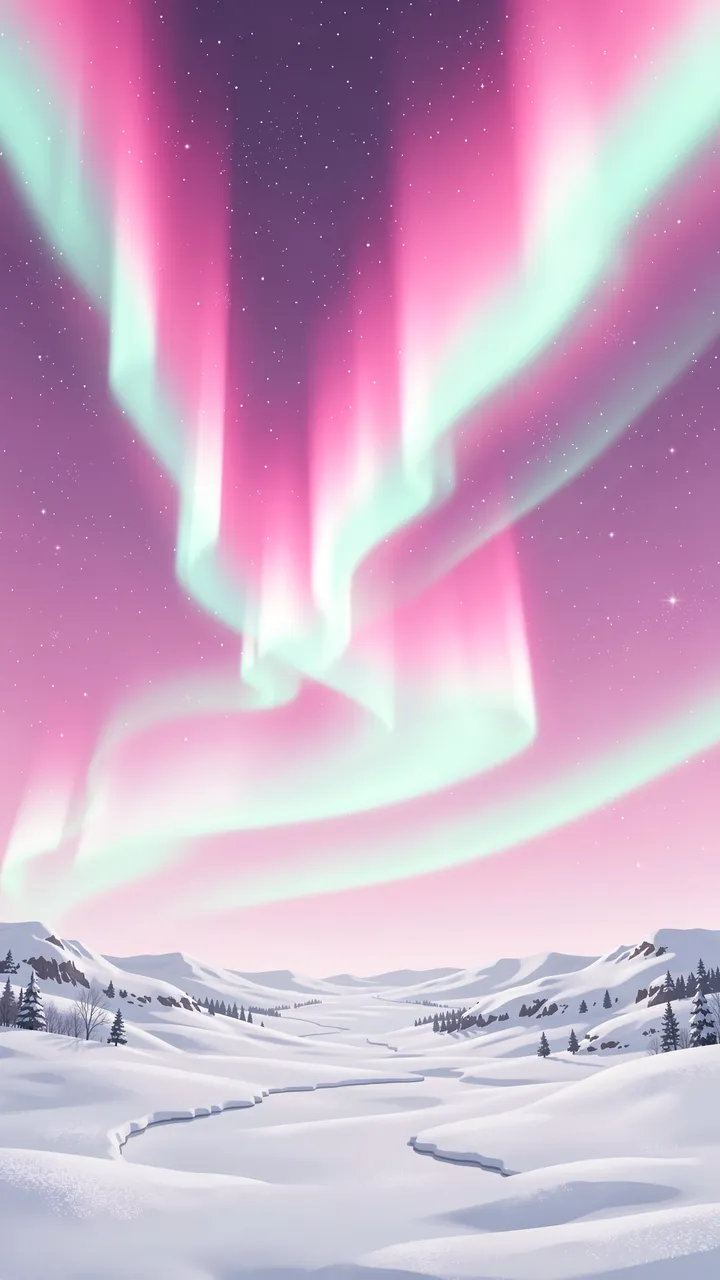 Swirling pink and mint aurora ribbons glow above a quiet snow-covered arctic plain under a starry gradient sky