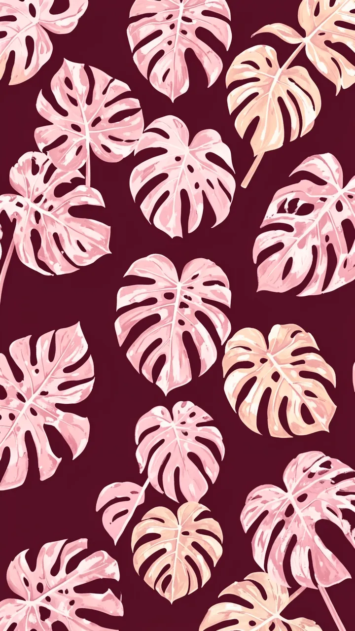 Hand-painted pale pink monstera leaves arranged across a deep burgundy background.