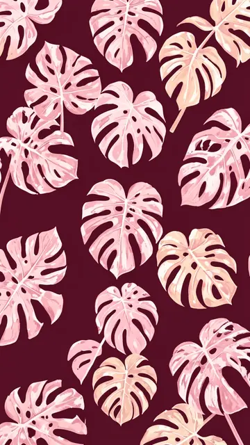 Hand-painted pale pink monstera leaves arranged across a deep burgundy background.