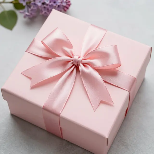 Top view of a pastel pink gift box with a satin bow and lilac sprig on a light gray surface