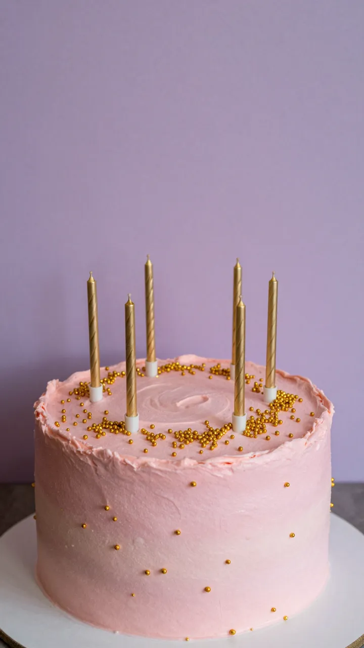 Pink ombre frosted birthday cake with gold sprinkles and thin candles against a lilac wall