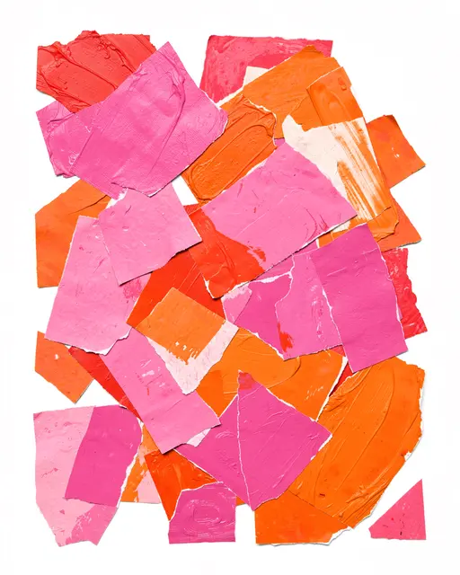 A scattered pile of torn painted paper scraps in shades of pink and orange on a plain white background