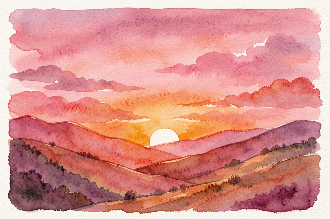 Watercolor painting of a glowing sunrise peeking over rolling layered hills beneath a soft pink and orange sky