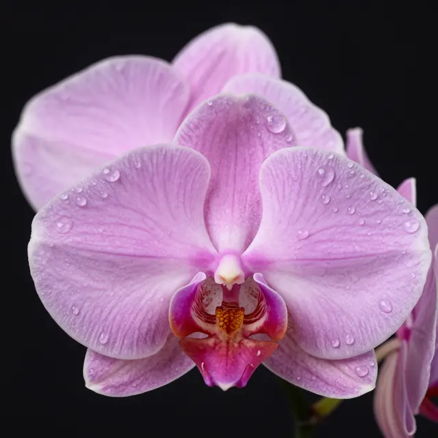 Close-up macro view of a pink phalaenopsis orchid bloom dotted with water droplets against a solid black background.