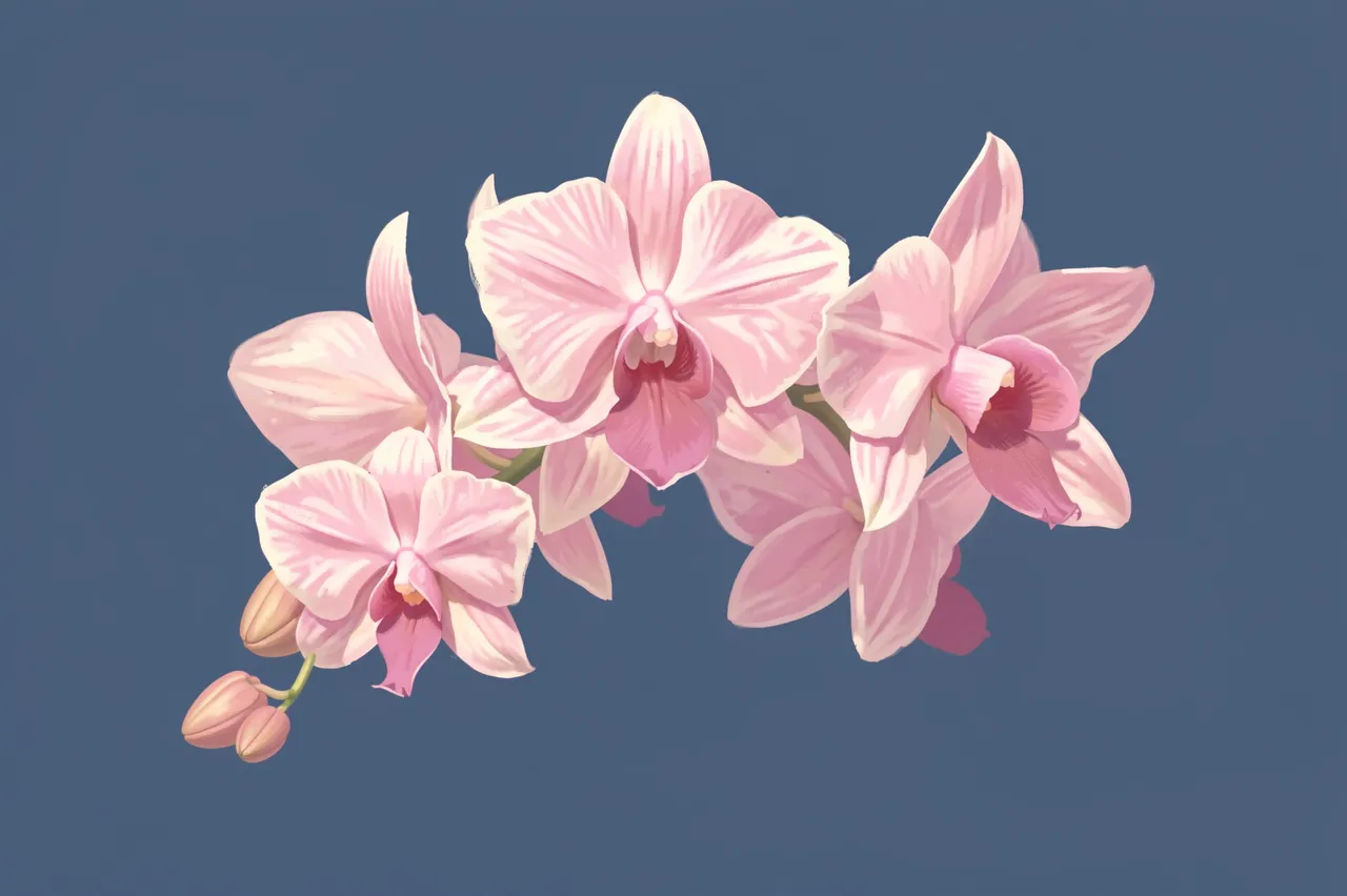 Soft pastel pink orchid flower spray arranged against a solid dusky blue background