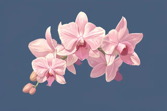 Soft pastel pink orchid flower spray arranged against a solid dusky blue background