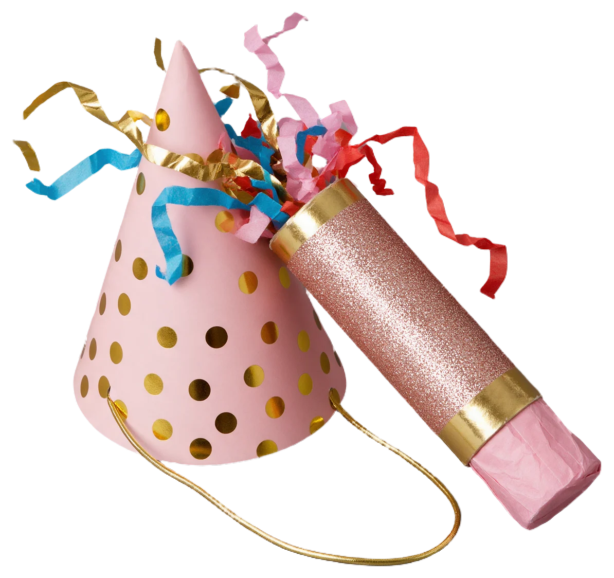 Pink gold polka dot party hat rests next to a glittery party popper with bursting streamers