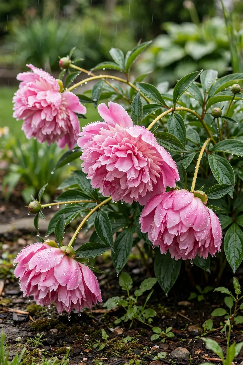 Dew-covered pink double peony flowers droop on rain-wet stems in a garden border