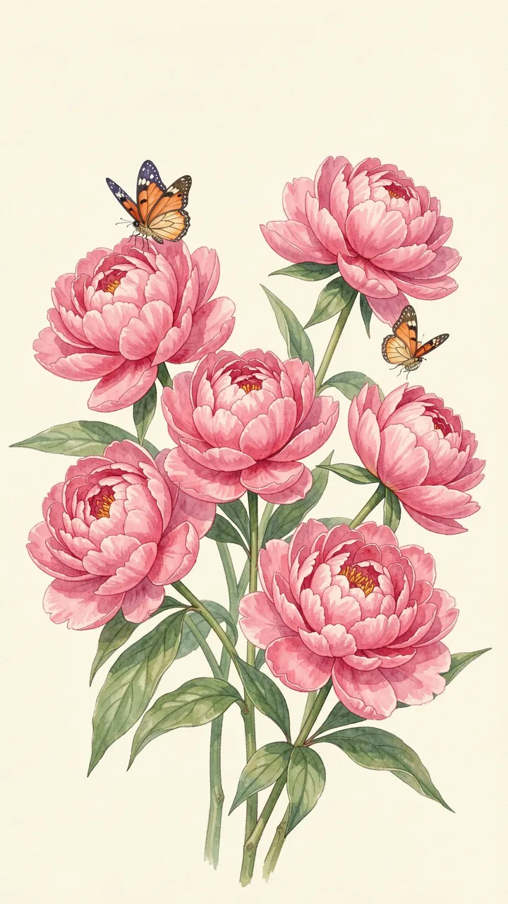 Watercolor drawing of full pink peony blooms with monarch-style butterflies on a soft cream background
