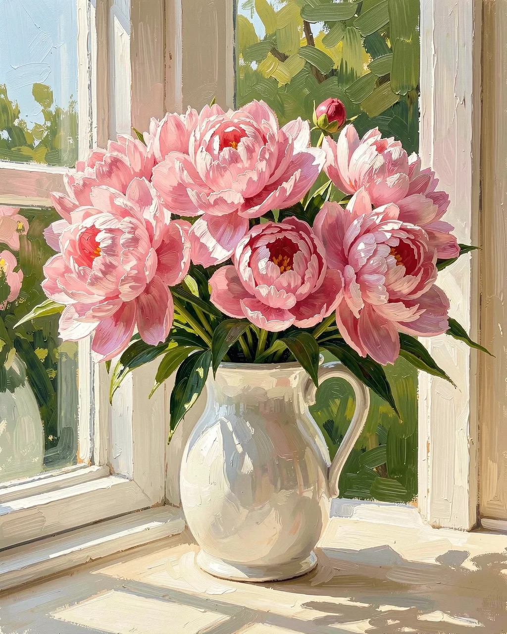Thick impasto oil painting of full pink peonies in a white ceramic jug resting on a sunlit windowsill