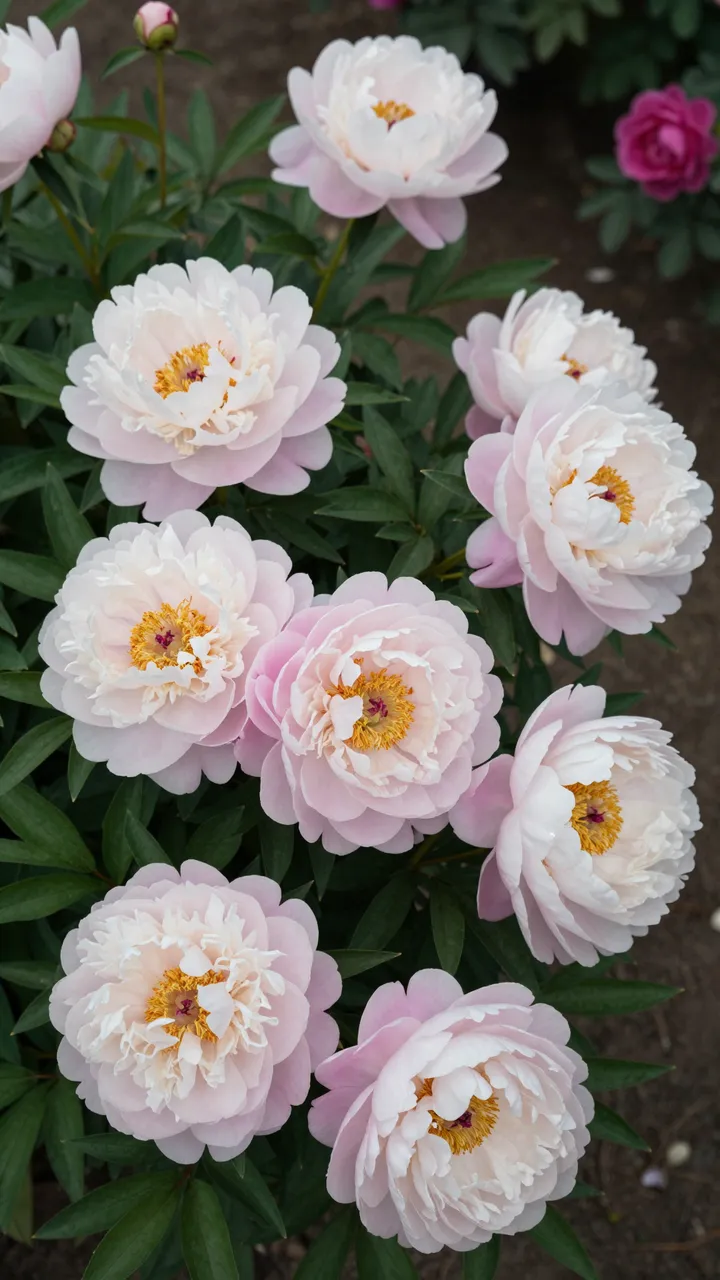 Overhead view of blooming pale pink peony flowers with green foliage against dark garden soil