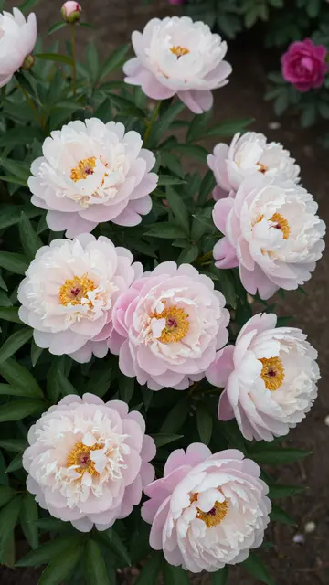 Overhead view of blooming pale pink peony flowers with green foliage against dark garden soil