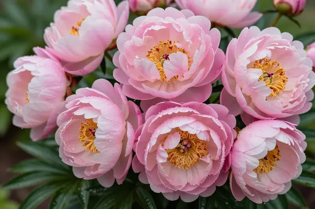 A close cluster of soft pink peony flowers dotted with fresh raindrops against green foliage