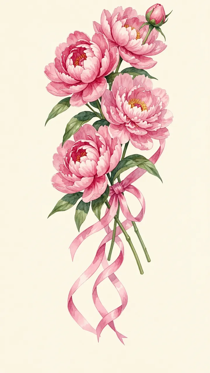 Watercolor illustration of pink peonies with a trailing pink ribbon on a cream background