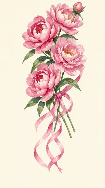 Watercolor illustration of pink peonies with a trailing pink ribbon on a cream background