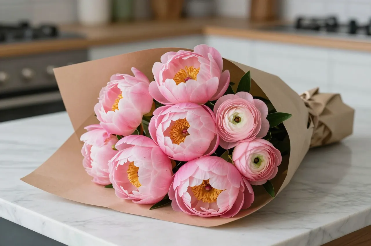 A Mother's Day bouquet of pink peonies and ranunculus wrapped in brown paper rests on a marble kitchen table.