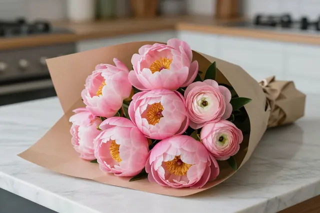 A Mother's Day bouquet of pink peonies and ranunculus wrapped in brown paper rests on a marble kitchen table.