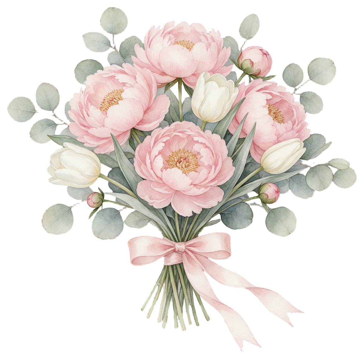 Soft watercolour bouquet of pink peonies, white tulips and eucalyptus tied with a pale pink ribbon