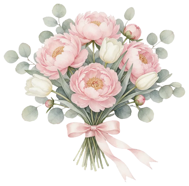 Soft watercolour bouquet of pink peonies, white tulips and eucalyptus tied with a pale pink ribbon