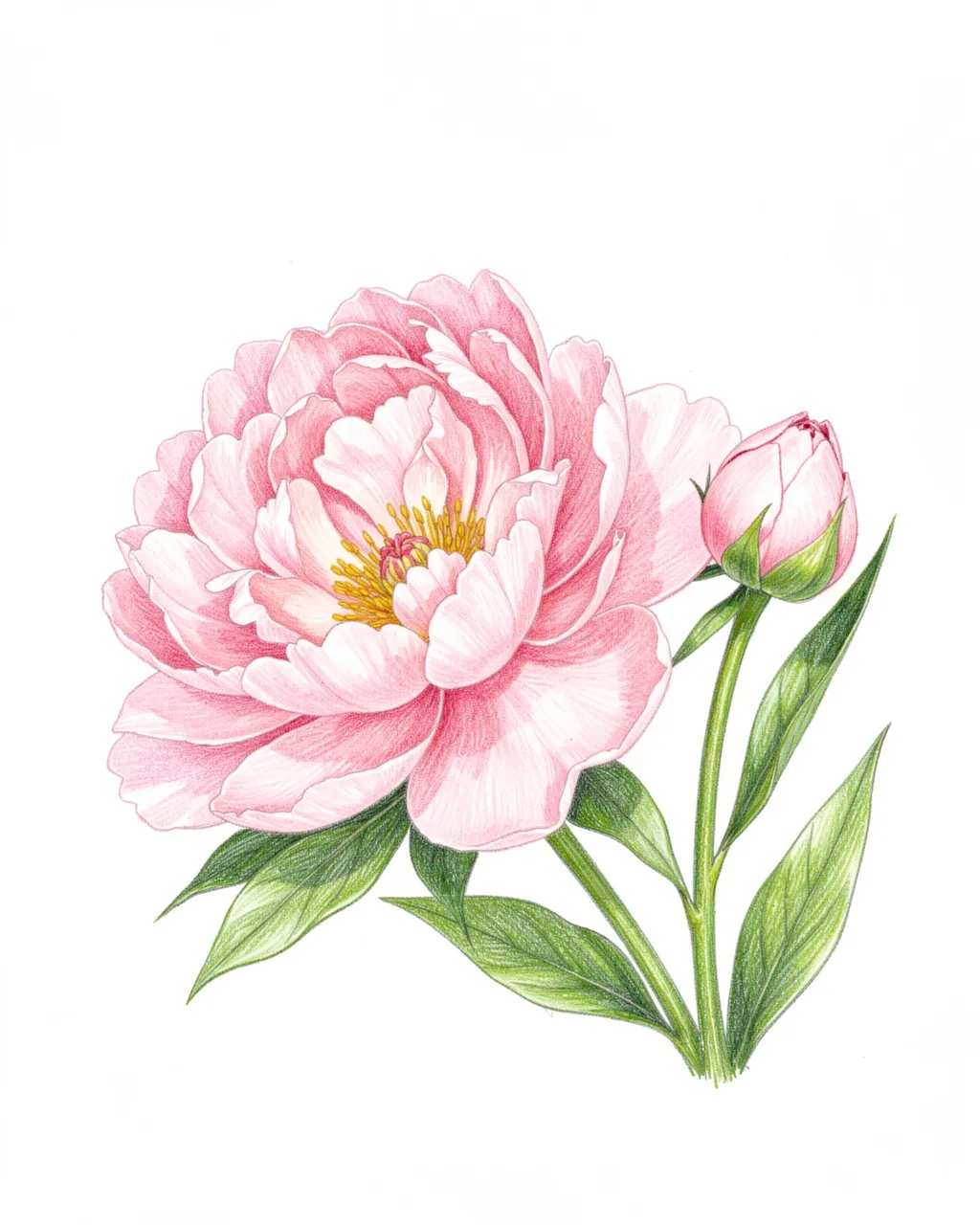 Colored pencil illustration of a fully opened pale pink peony next to a closed bud on a plain white background
