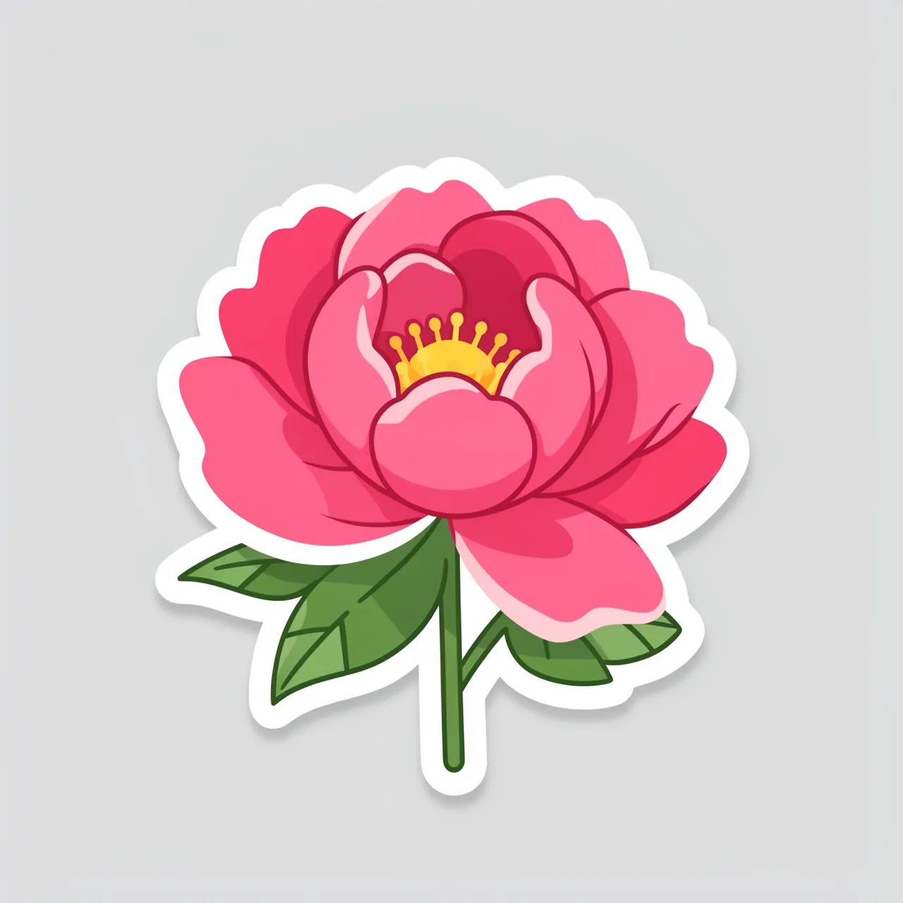 A cute flat illustration die-cut sticker of a lush pink peony with a thick white border on a light gray background