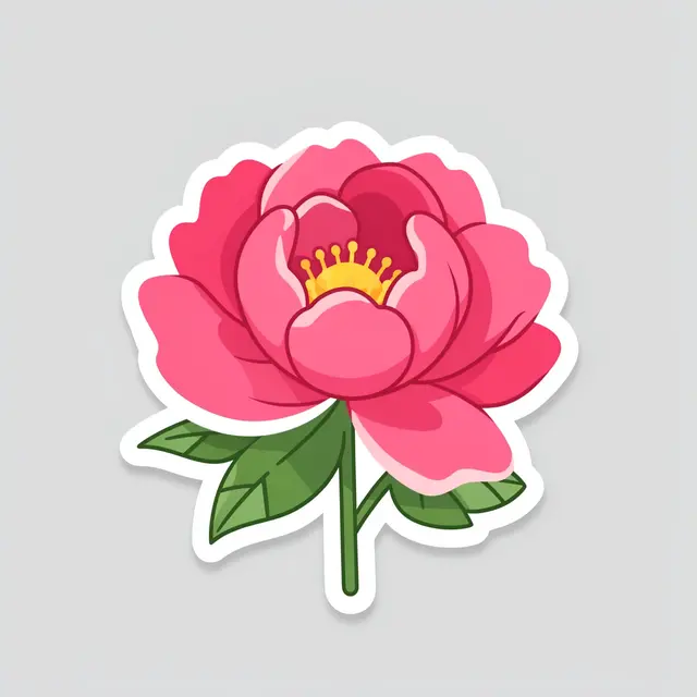 A cute flat illustration die-cut sticker of a lush pink peony with a thick white border on a light gray background