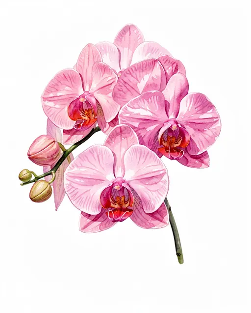 Watercolor illustration of a pink phalaenopsis orchid spray with open blooms and unopened buds on a plain white background