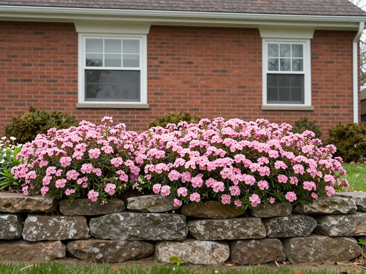 Dense pink creeping phlox blooms atop a dry stone retaining wall in front of a red brick house in spring.