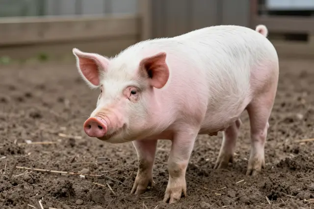 A light pink domestic pig stands on brown muddy ground inside a farm pen