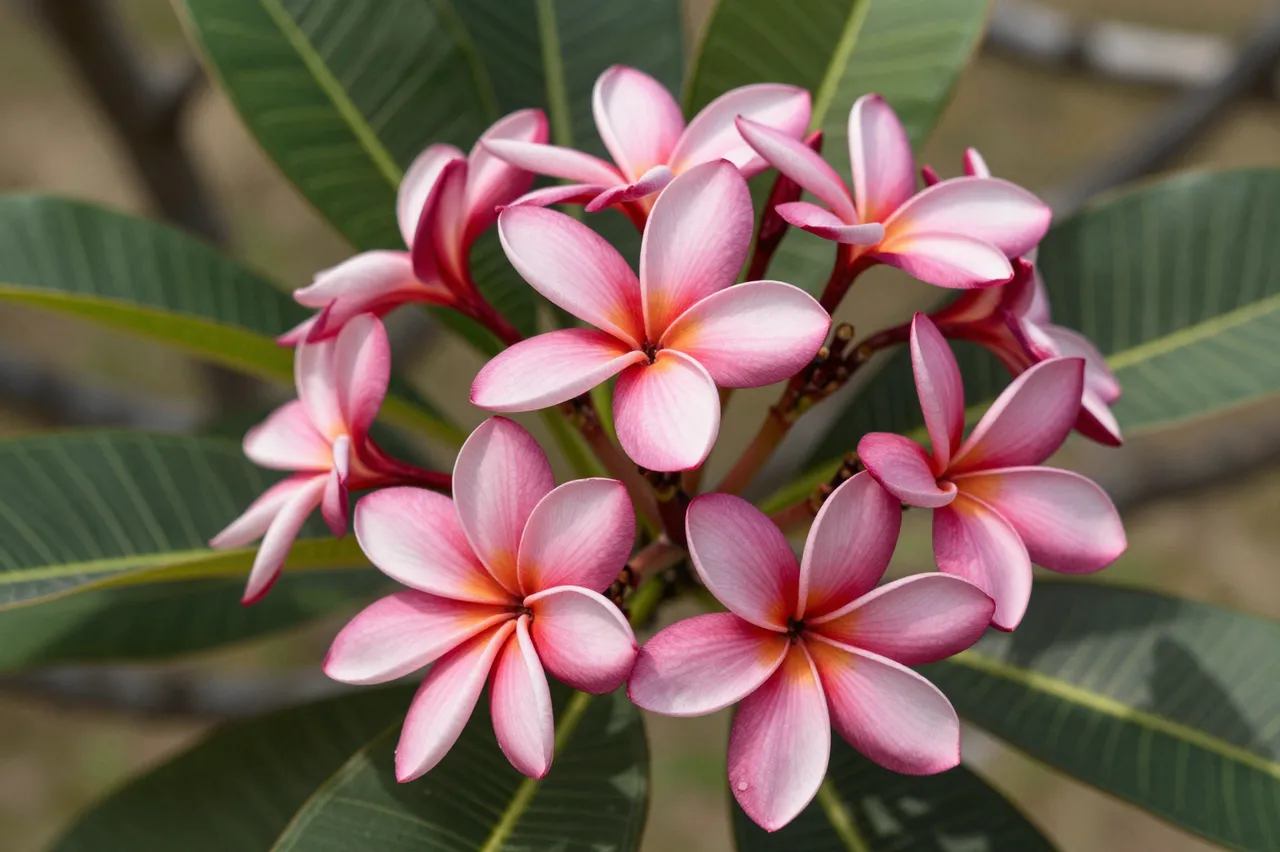 A close-up of a cluster of pink plumeria flowers surrounded by glossy green leaves in bright tropical sunlight.