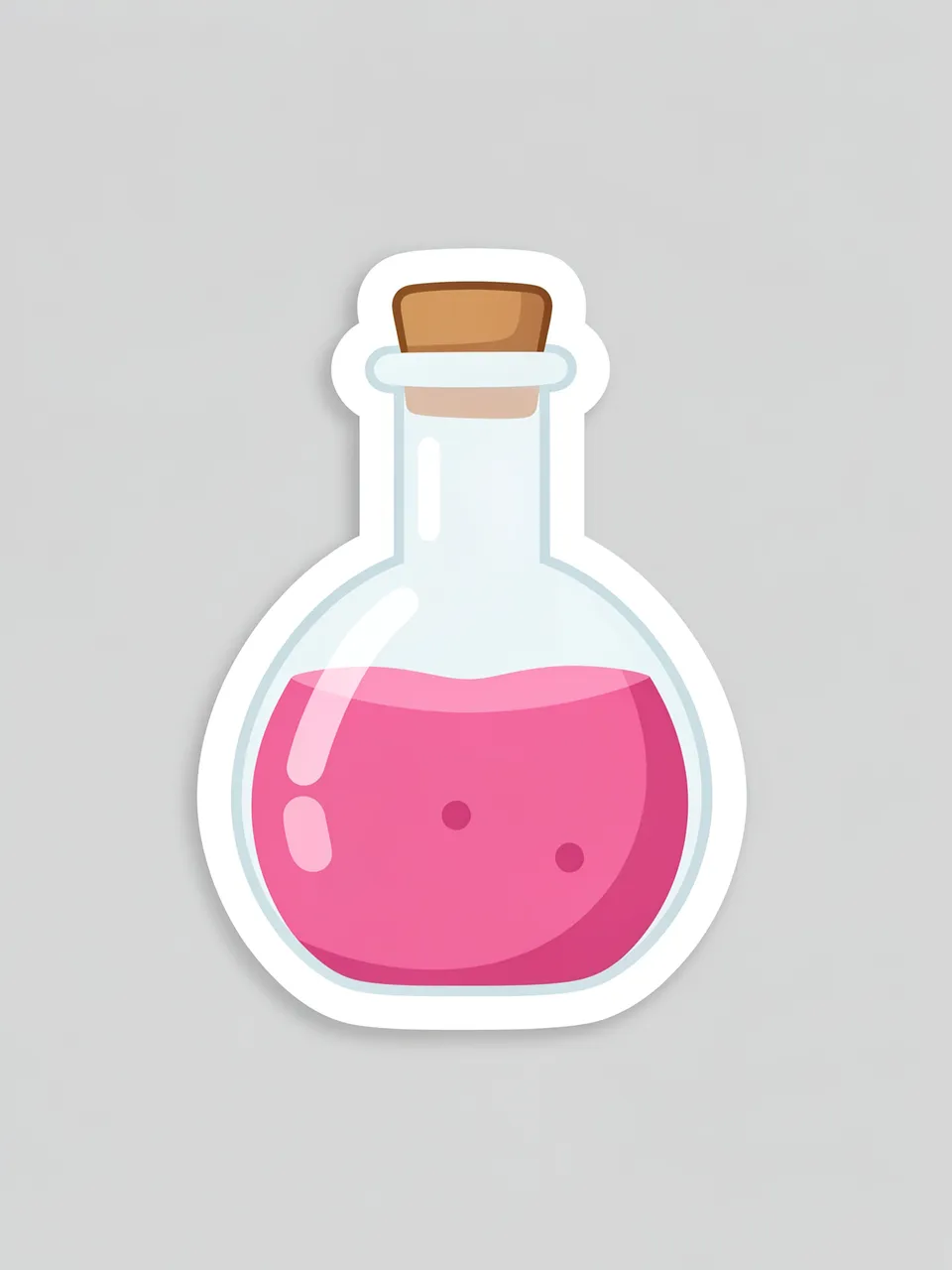 A flat cute die-cut sticker of a corked potion flask with pink liquid on a light gray background