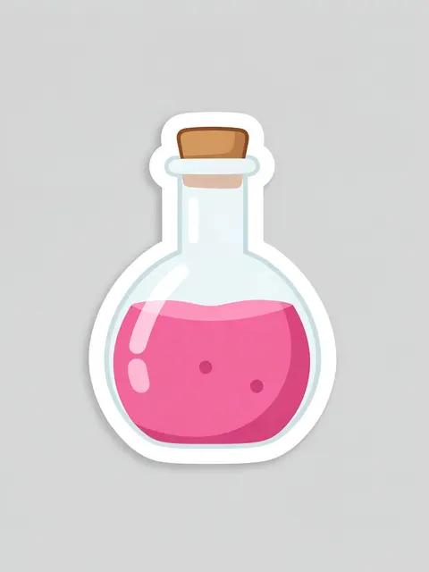 A flat cute die-cut sticker of a corked potion flask with pink liquid on a light gray background