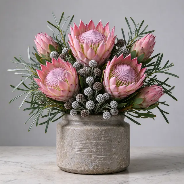 Pink king protea arrangement with silver brunia in a textured stone vase on a marble tabletop