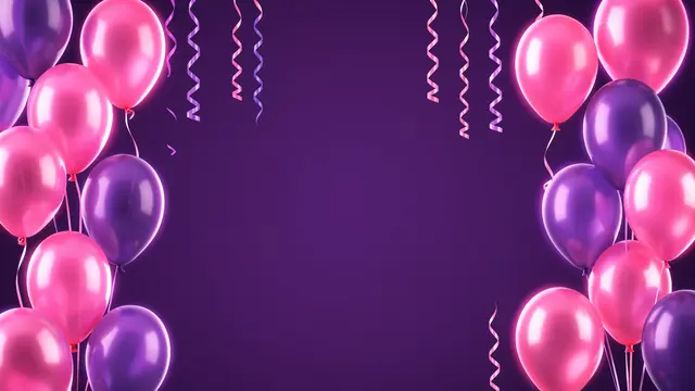 Glowing pink and purple balloons with curly streamers frame an empty deep purple center backdrop