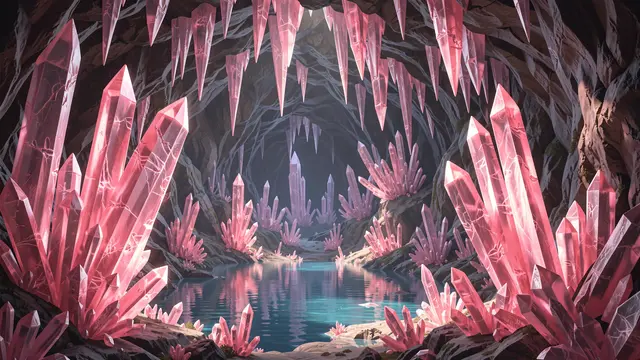Glowing towering pink quartz crystals surround a calm reflective underground lake in a cave