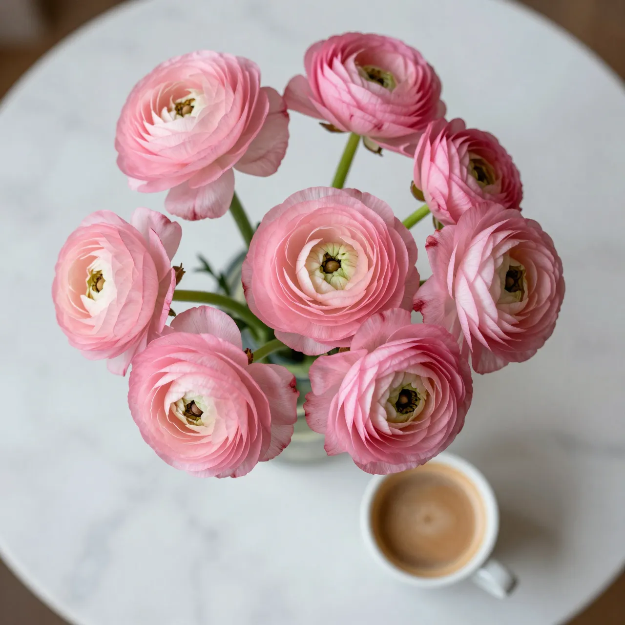 Top-down view of pink ranunculus blooms in a vase next to a small coffee cup on a round marble table