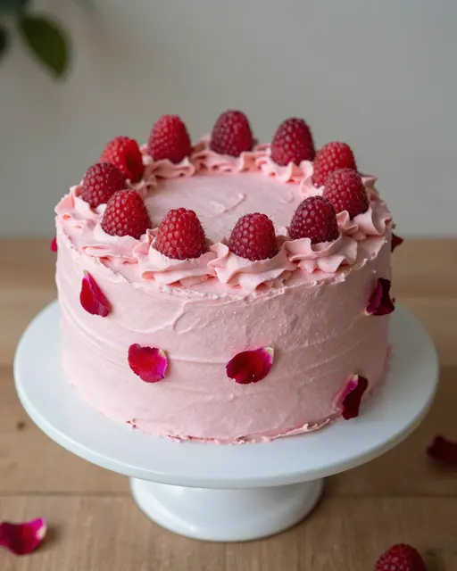 Pink buttercream cake topped with fresh raspberries and rose petals sits on a white cake stand