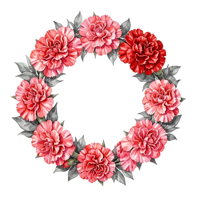 A circular gouache wreath of ruffled pink and red carnations with gray-green leaves on a plain white background