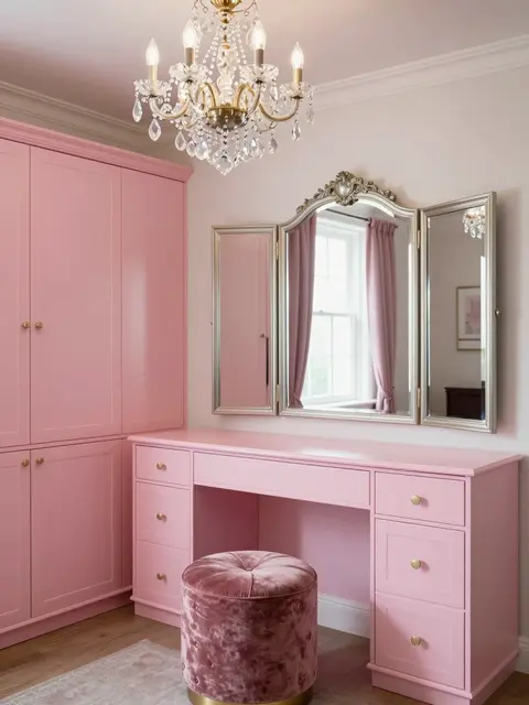 A bright elegant dressing room features glossy pink cabinetry, a three-way mirror, crystal chandelier and velvet pouf
